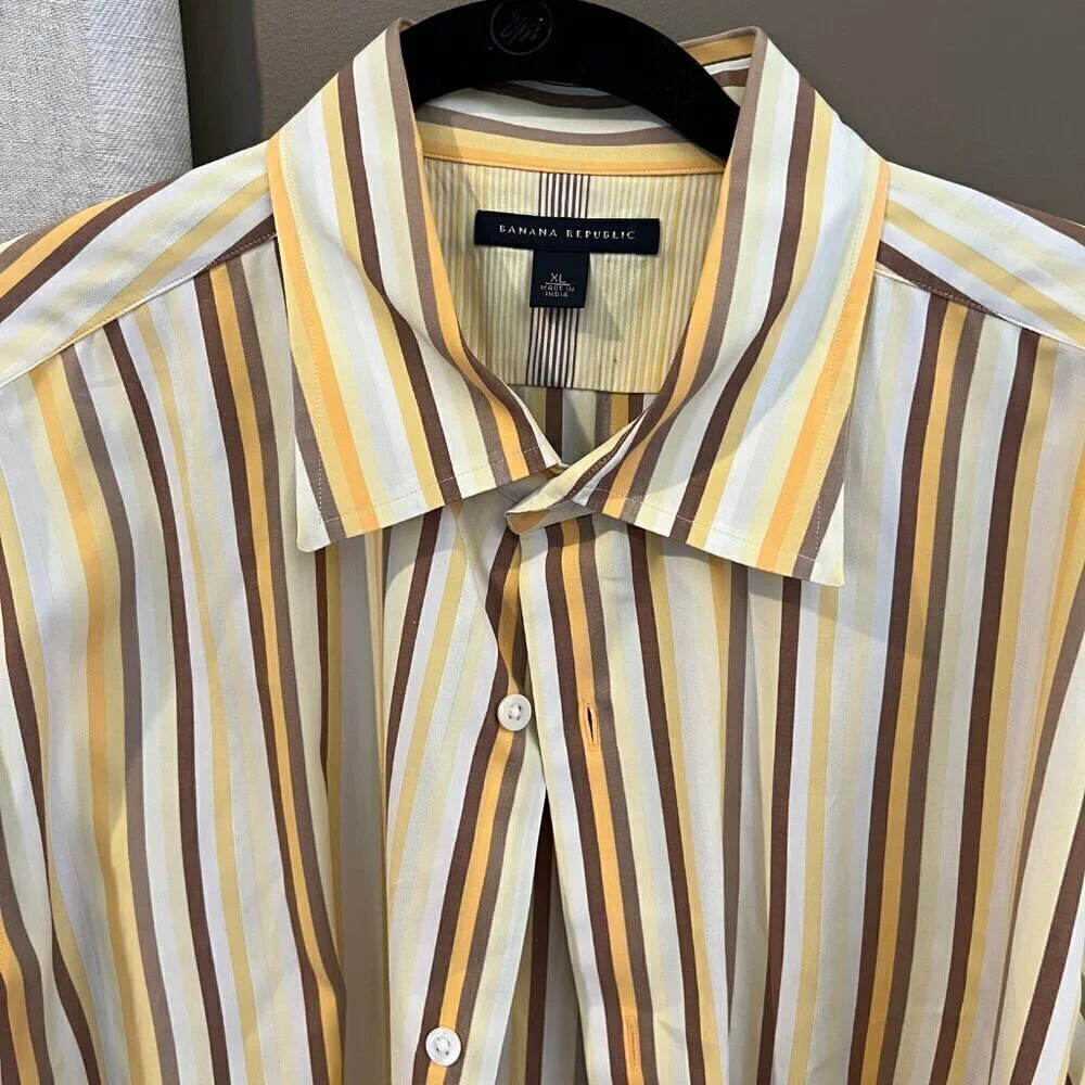 Men's Banana Republic Brown&Yellow Striped Long Sleeve Button Down Shirt Size XL